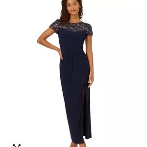 Adrianna Papell Midnight Blue Maxi Dress with Embellished Sleeves